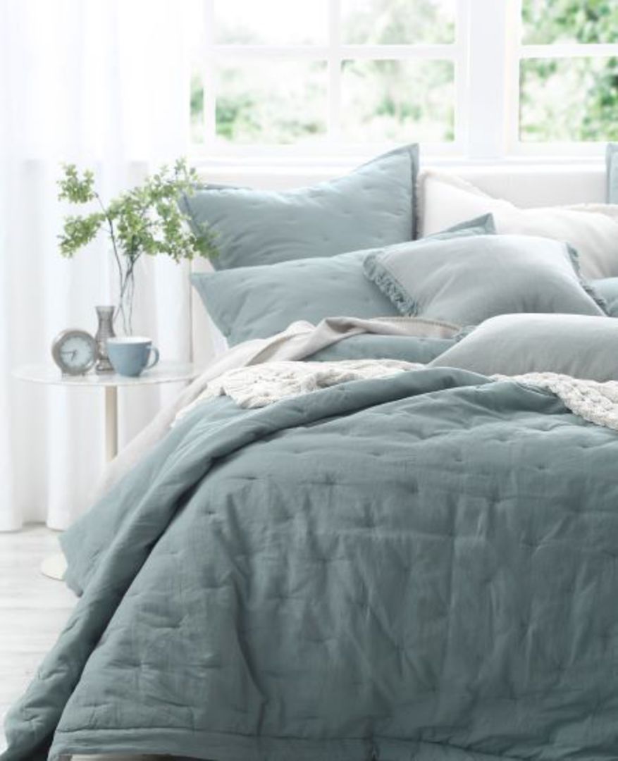 MM Linen Laundered Linen Bedspread Set. Extras - Tassel Pillowcases - Lodge Pillowcases - Seagrass image 1